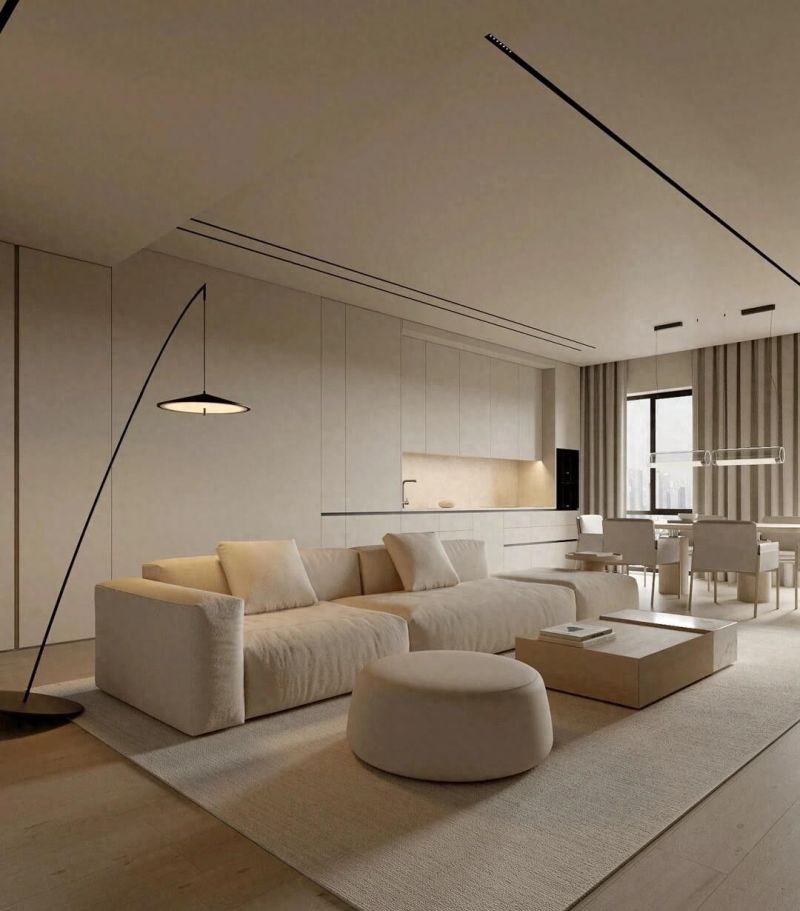 纯粹侘寂极简风平层，温暖木色与柔和灯光打造满分治愈家