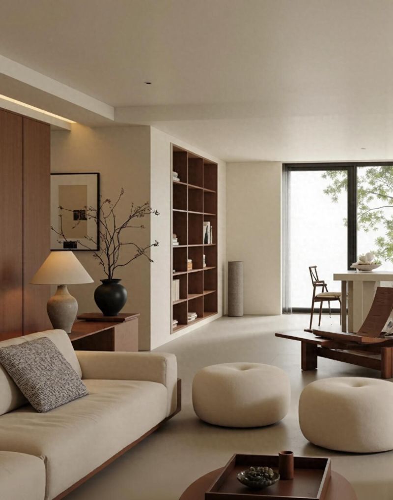 「无主灯+微水泥×原木风，极简留白之美的空间诠释」