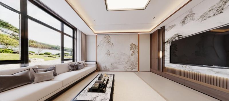 客厅以素雅的米色为主基调，搭配深色实木家具，营造出古典淡雅的氛围。一盏造型别致的仿古宫灯悬挂中央，暖黄灯光洒落在实木茶几上，为空间增添几分禅意。