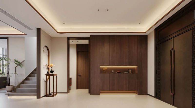 客厅以素雅的米色为主基调，搭配深色实木家具，营造出古典淡雅的氛围。一盏造型别致的仿古宫灯悬挂中央，暖黄灯光洒落在实木茶几上，为空间增添几分禅意。