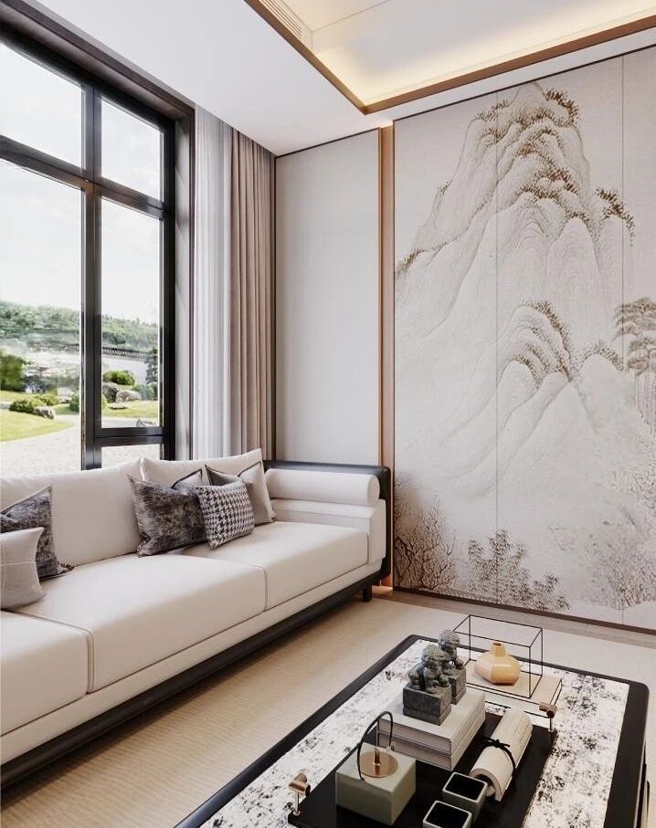 客厅以素雅的米色为主基调，搭配深色实木家具，营造出古典淡雅的氛围。一盏造型别致的仿古宫灯悬挂中央，暖黄灯光洒落在实木茶几上，为空间增添几分禅意。