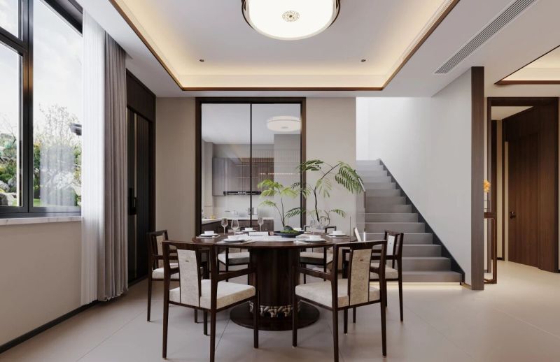 客厅以素雅的米色为主基调，搭配深色实木家具，营造出古典淡雅的氛围。一盏造型别致的仿古宫灯悬挂中央，暖黄灯光洒落在实木茶几上，为空间增添几分禅意。