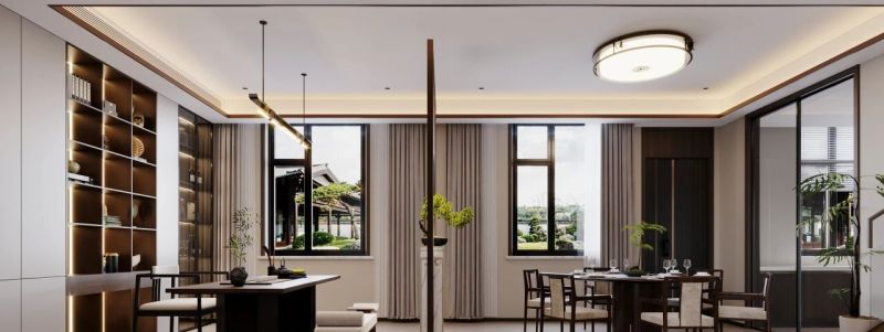 客厅以素雅的米色为主基调，搭配深色实木家具，营造出古典淡雅的氛围。一盏造型别致的仿古宫灯悬挂中央，暖黄灯光洒落在实木茶几上，为空间增添几分禅意。