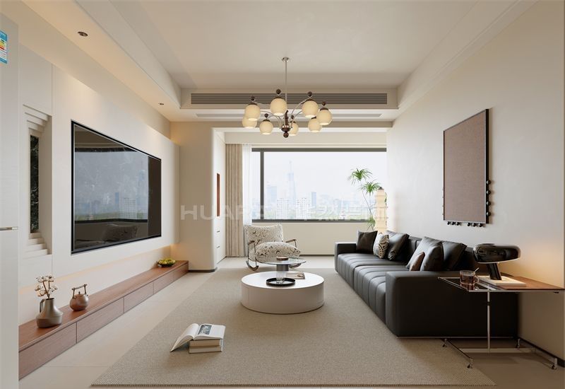 硬装设计化繁为简，无主灯照明系统搭配平顶天花，构建现代简约的空间骨架。点睛之笔在于精心挑选的复古元素——做旧处理的实木边柜展现时光痕迹，黄铜吊灯散发怀旧光芒，这些细节有效中和了现代空间的冷感。