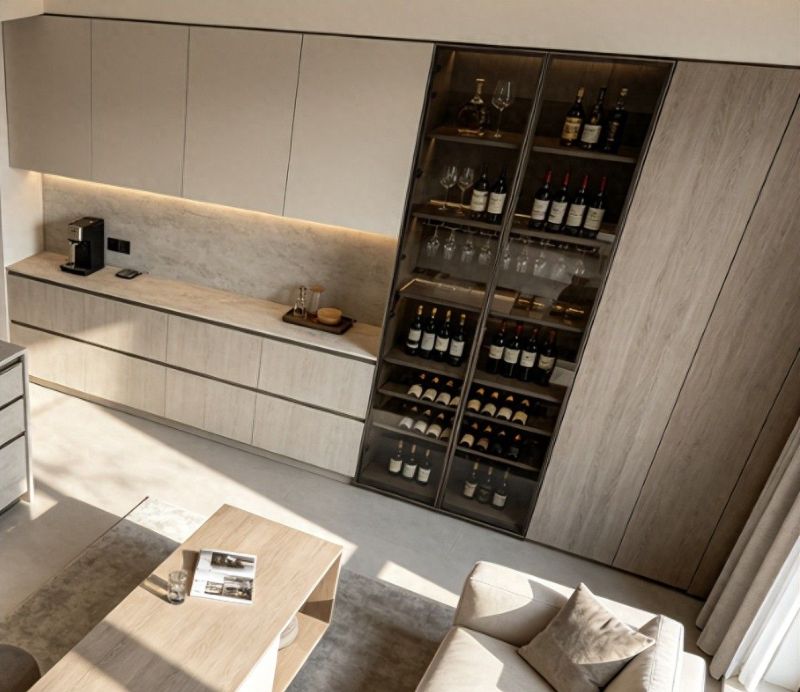 原息柏木板餐边柜打造多功能三合一空间，咖啡角+酒柜+零食库